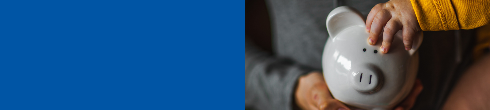 Half banner blue; half banner woman and baby holding piggy bank
