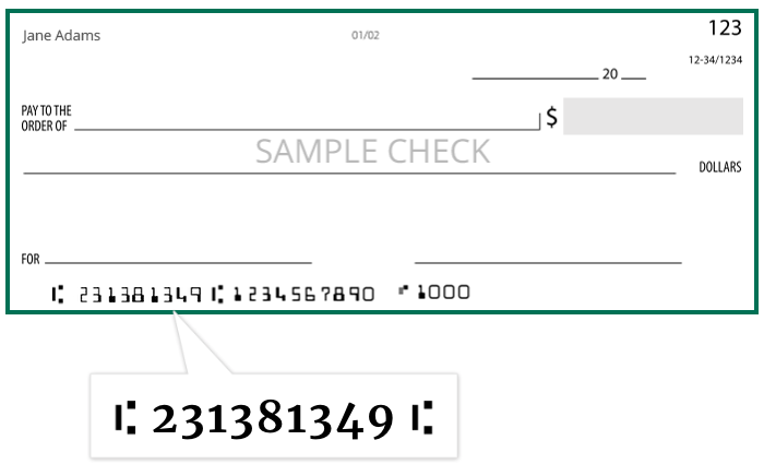 Example check showing where the routing number is on a check